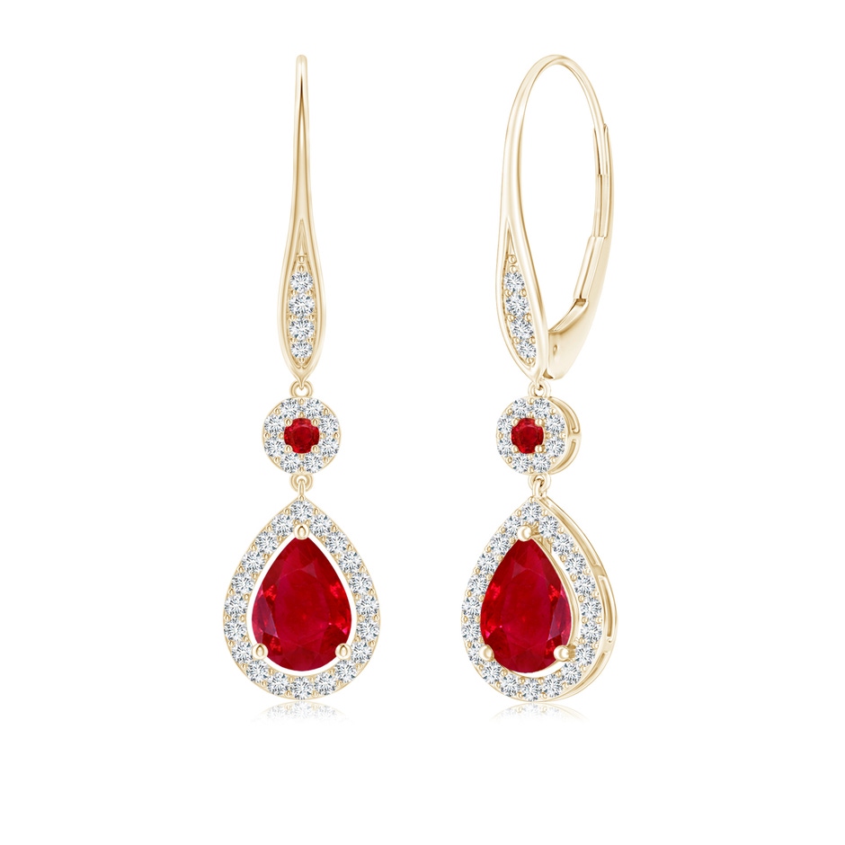 7x5mm AAA Round and Pear Ruby Halo Leverback Earrings in Yellow Gold 