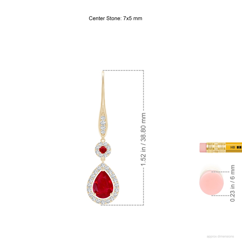 7x5mm AAA Round and Pear Ruby Halo Leverback Earrings in Yellow Gold ruler