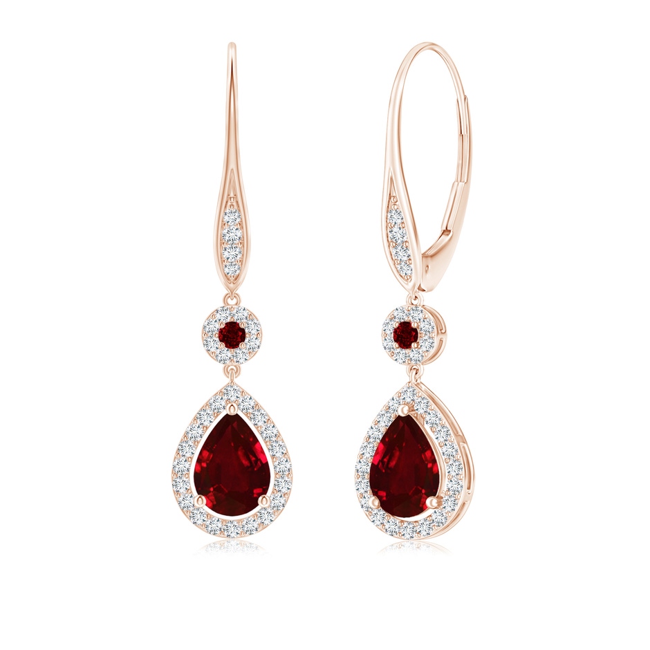 7x5mm AAAA Round and Pear Ruby Halo Leverback Earrings in Rose Gold 