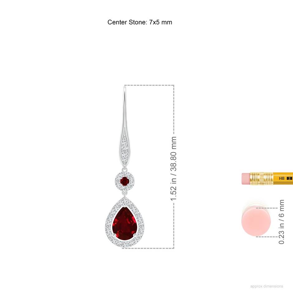 7x5mm AAAA Round and Pear Ruby Halo Leverback Earrings in White Gold ruler