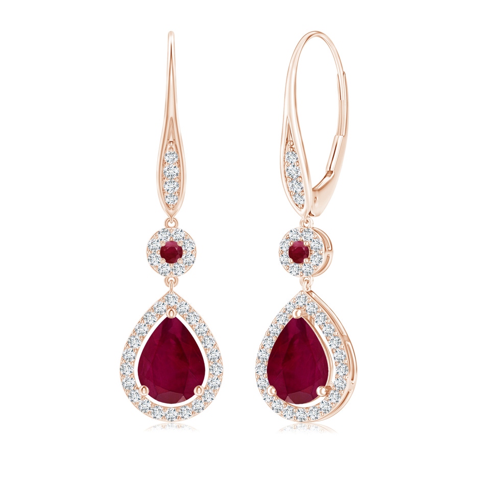 8x6mm A Round and Pear Ruby Halo Leverback Earrings in Rose Gold 