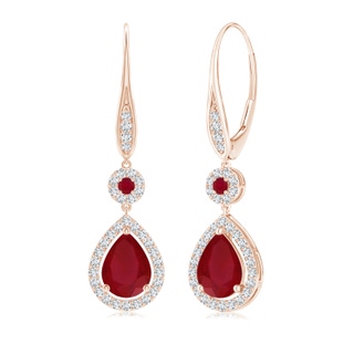 8x6mm AA Round and Pear Ruby Halo Leverback Earrings in Rose Gold