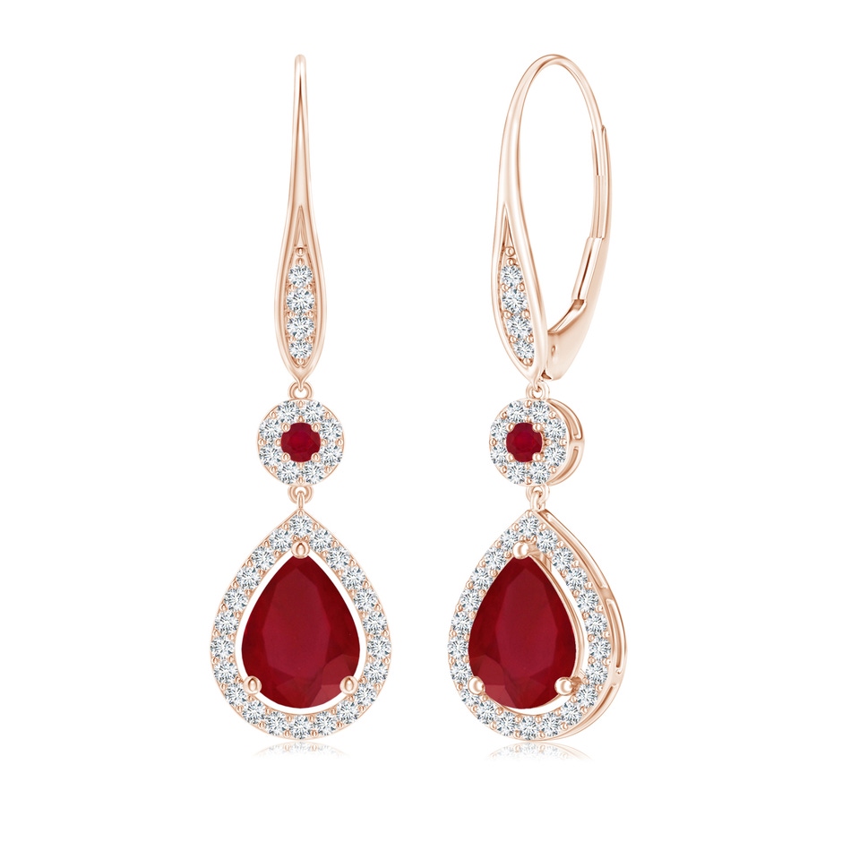 8x6mm AA Round and Pear Ruby Halo Leverback Earrings in Rose Gold 