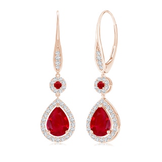 8x6mm AAA Round and Pear Ruby Halo Leverback Earrings in 18K Rose Gold