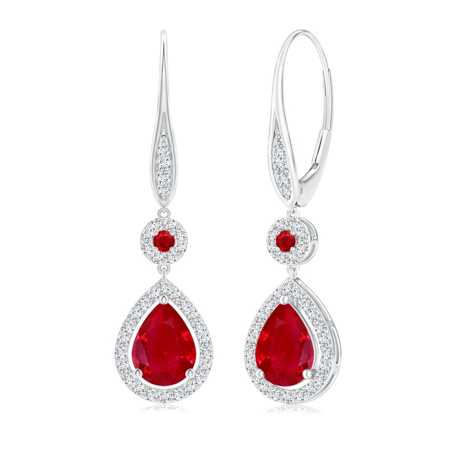 8x6mm AAA Round and Pear Ruby Halo Leverback Earrings in White Gold 