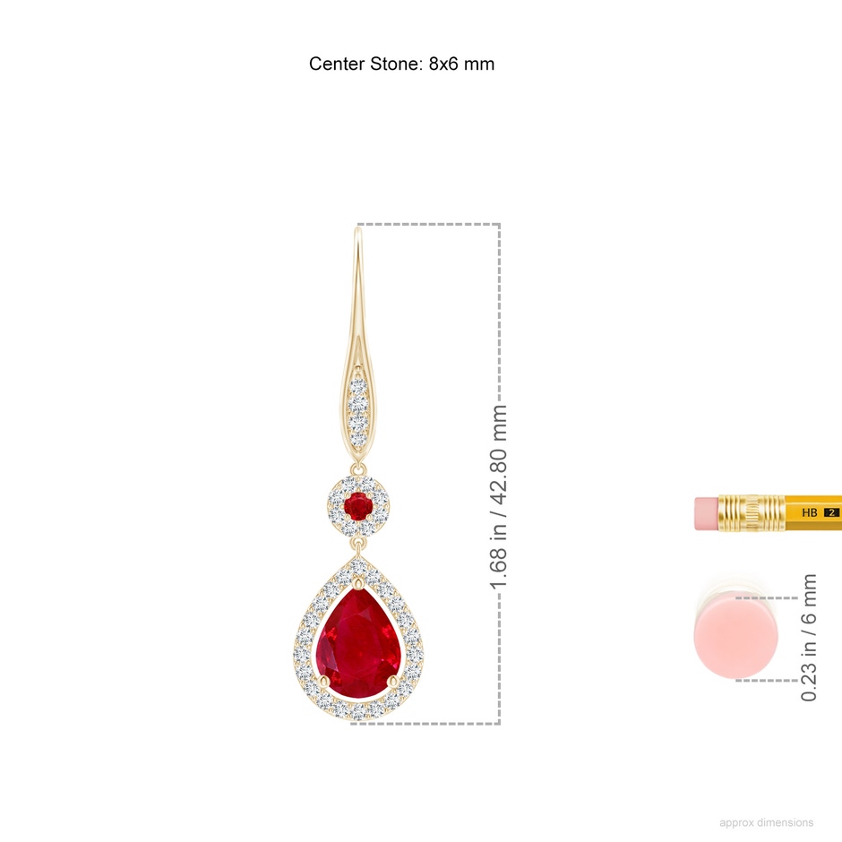 8x6mm AAA Round and Pear Ruby Halo Leverback Earrings in Yellow Gold ruler
