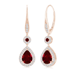 8x6mm AAAA Round and Pear Ruby Halo Leverback Earrings in Rose Gold