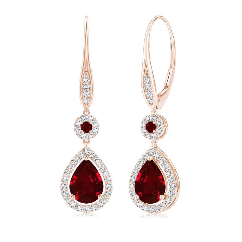 8x6mm AAAA Round and Pear Ruby Halo Leverback Earrings in Rose Gold 