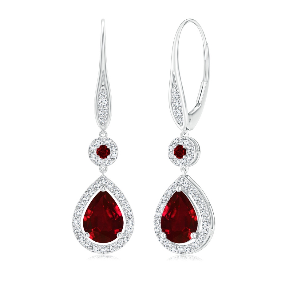 8x6mm AAAA Round and Pear Ruby Halo Leverback Earrings in White Gold 