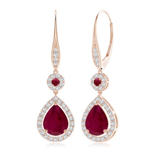 9x7mm A Round and Pear Ruby Halo Leverback Earrings in Rose Gold