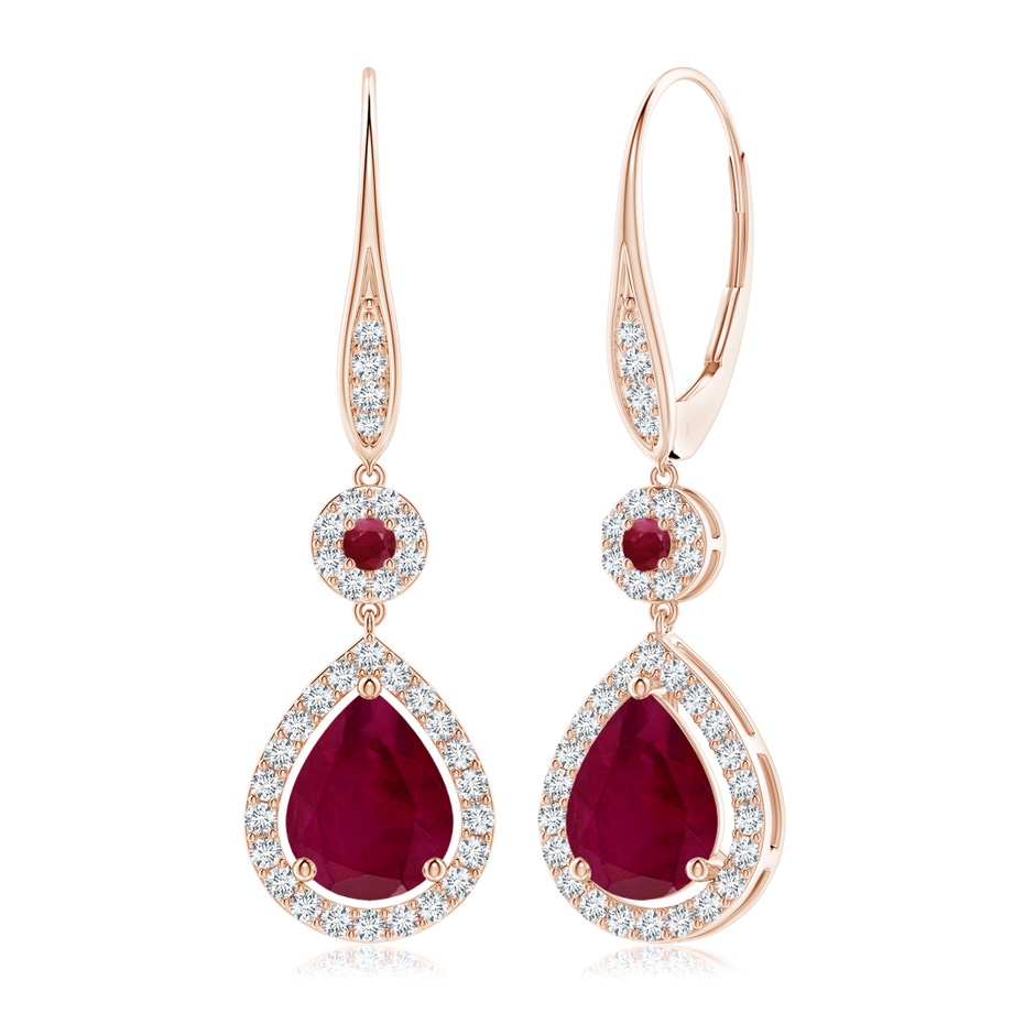 9x7mm A Round and Pear Ruby Halo Leverback Earrings in Rose Gold 