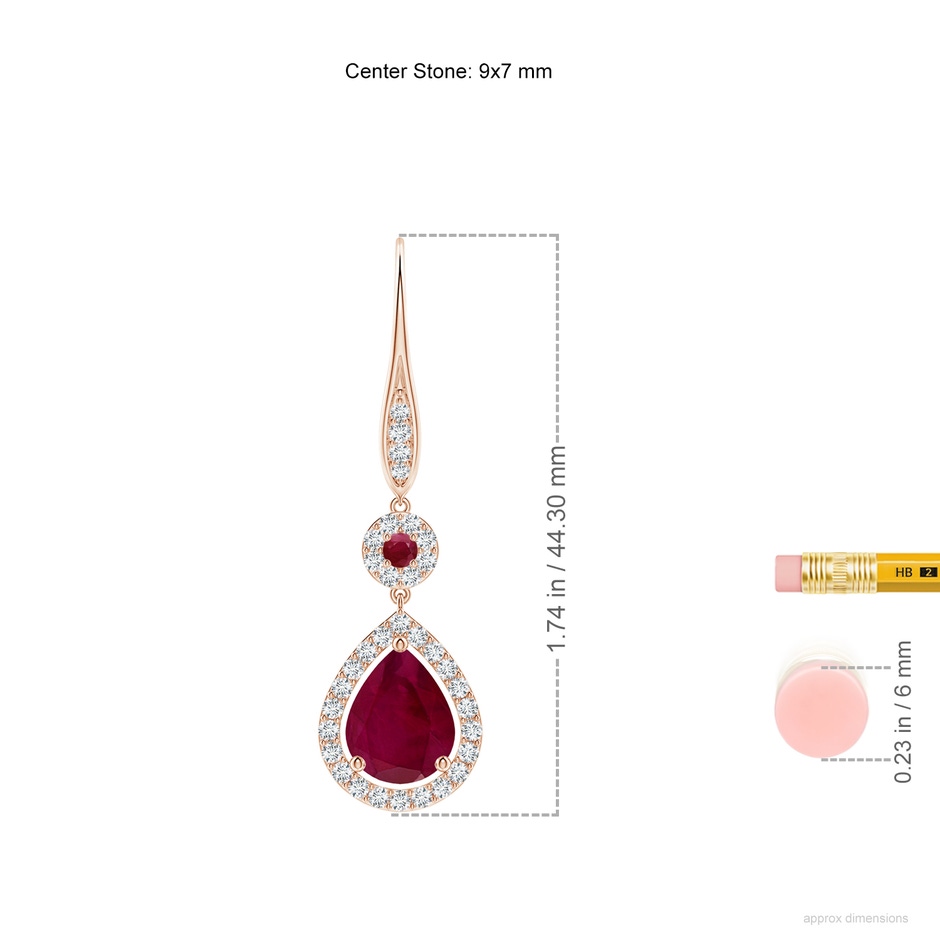 9x7mm A Round and Pear Ruby Halo Leverback Earrings in Rose Gold ruler