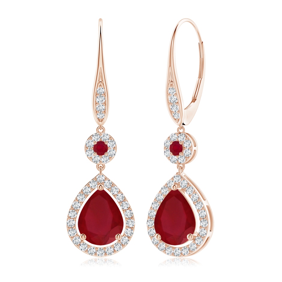 9x7mm AA Round and Pear Ruby Halo Leverback Earrings in 18K Rose Gold 