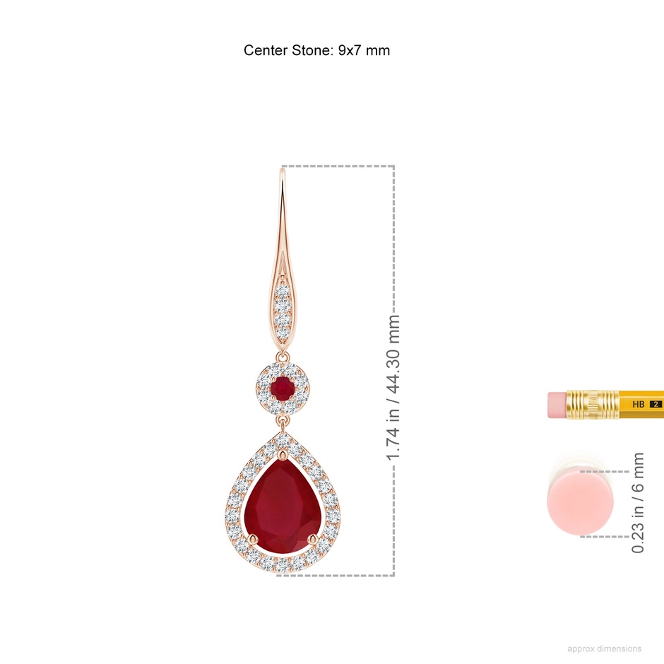 9x7mm AA Round and Pear Ruby Halo Leverback Earrings in 18K Rose Gold ruler