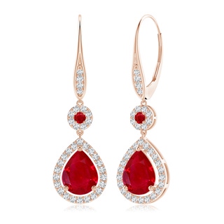 9x7mm AAA Round and Pear Ruby Halo Leverback Earrings in 18K Rose Gold