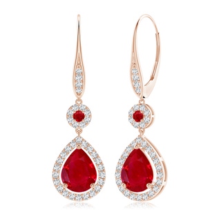 9x7mm AAA Round and Pear Ruby Halo Leverback Earrings in 9K Rose Gold