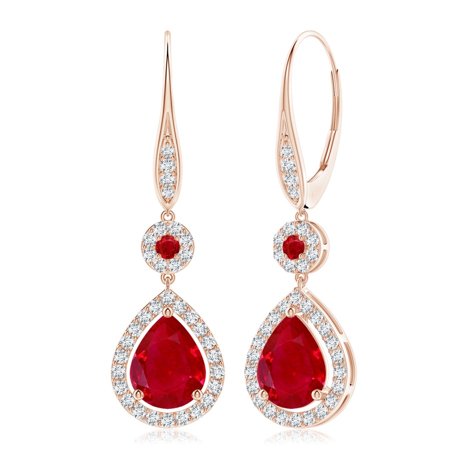 9x7mm AAA Round and Pear Ruby Halo Leverback Earrings in Rose Gold 