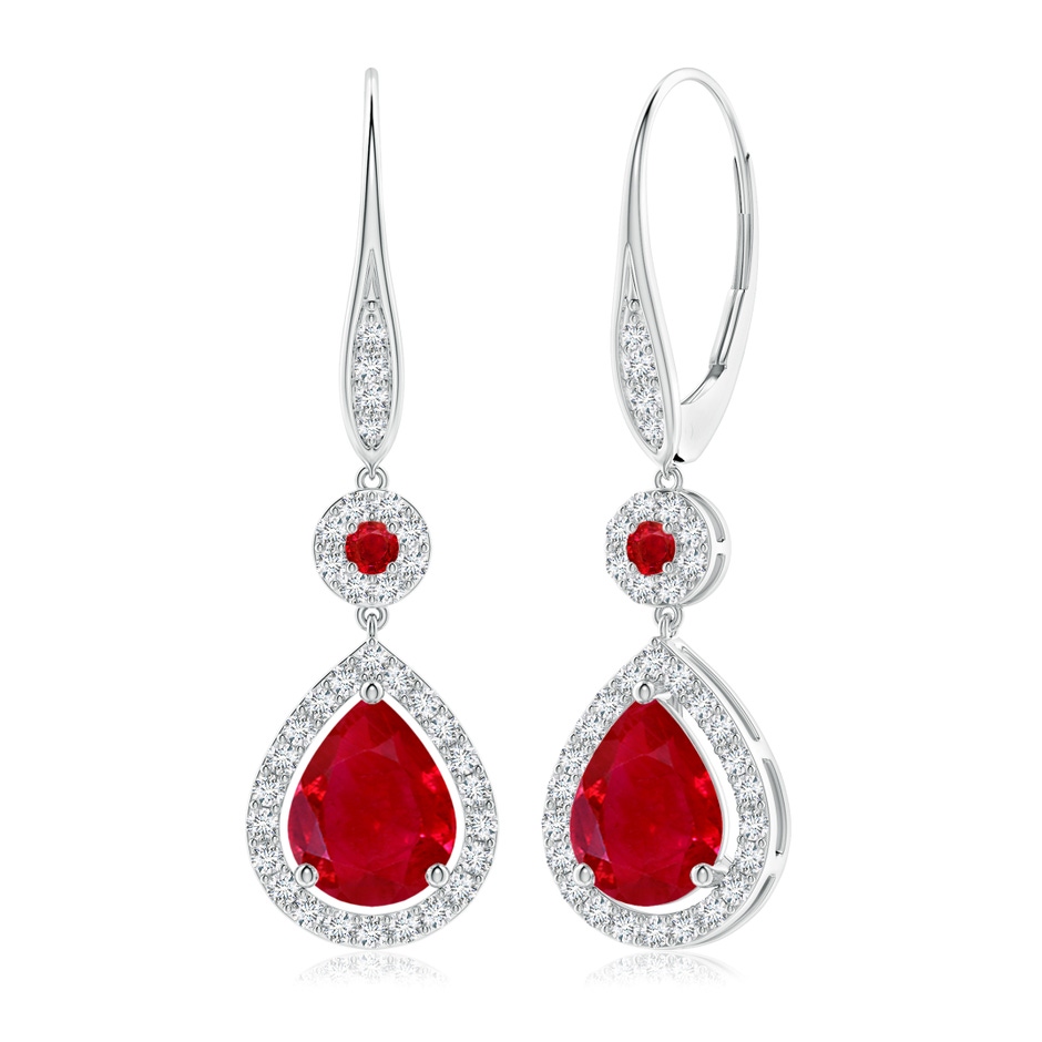 9x7mm AAA Round and Pear Ruby Halo Leverback Earrings in White Gold 