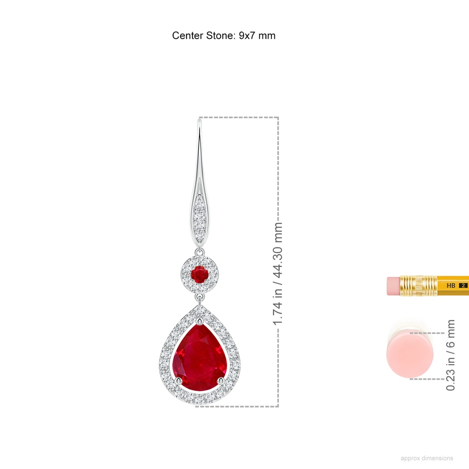 9x7mm AAA Round and Pear Ruby Halo Leverback Earrings in White Gold ruler