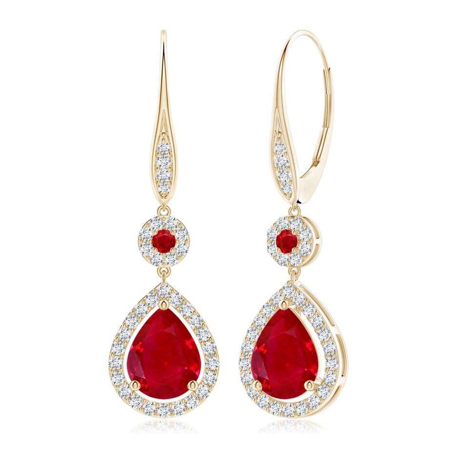 9x7mm AAA Round and Pear Ruby Halo Leverback Earrings in Yellow Gold 
