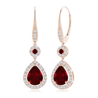 9x7mm AAAA Round and Pear Ruby Halo Leverback Earrings in 18K Rose Gold