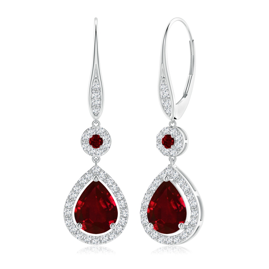 9x7mm AAAA Round and Pear Ruby Halo Leverback Earrings in White Gold 
