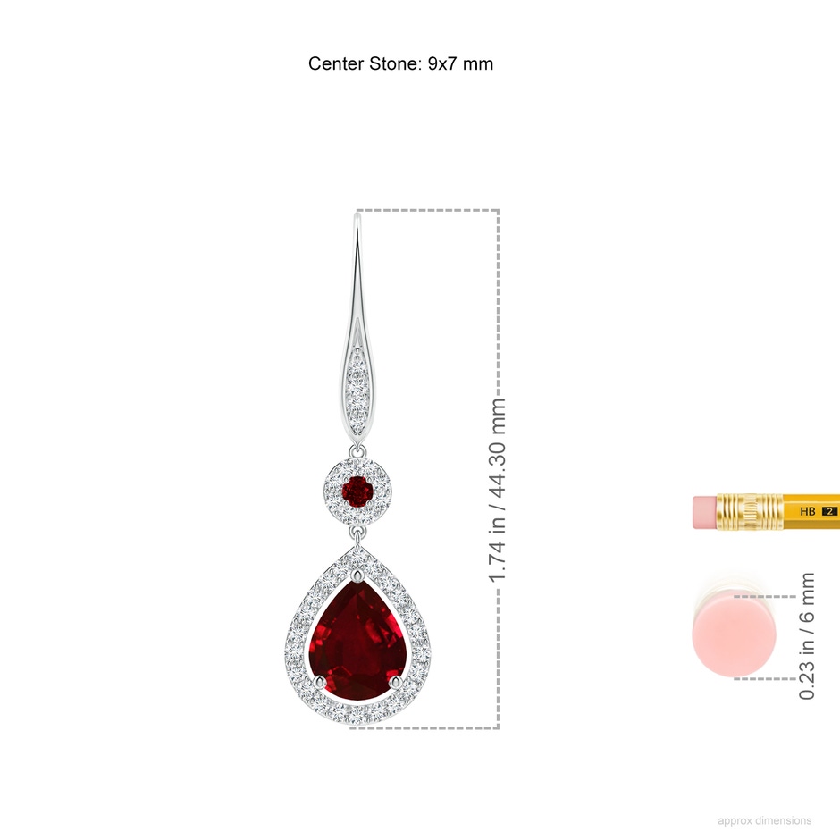 9x7mm AAAA Round and Pear Ruby Halo Leverback Earrings in White Gold ruler