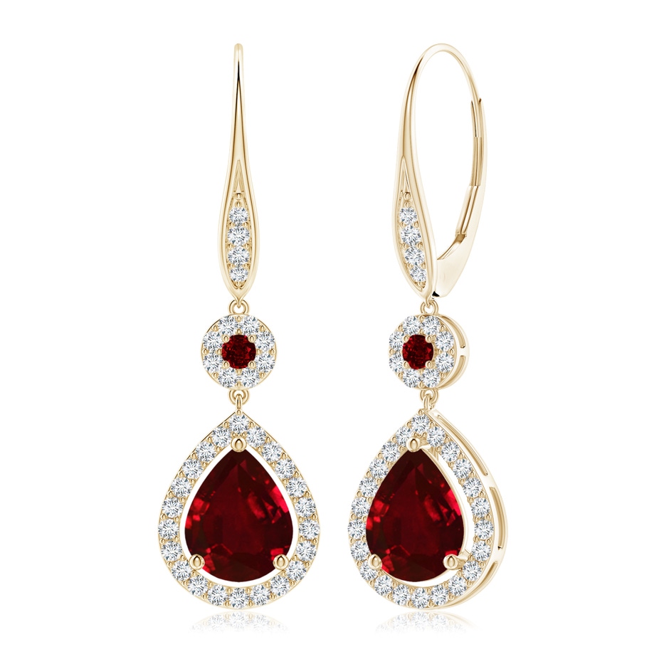 9x7mm AAAA Round and Pear Ruby Halo Leverback Earrings in Yellow Gold 