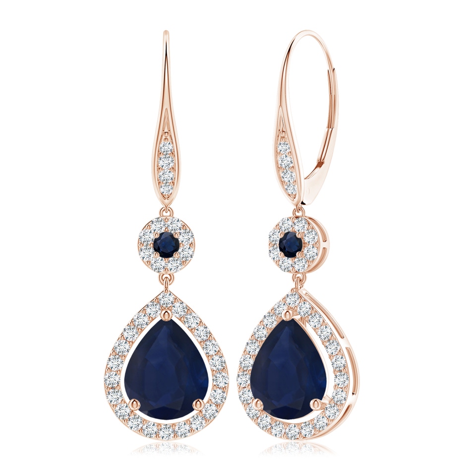 10x8mm A Round and Pear Sapphire Halo Leverback Earrings in 18K Rose Gold 