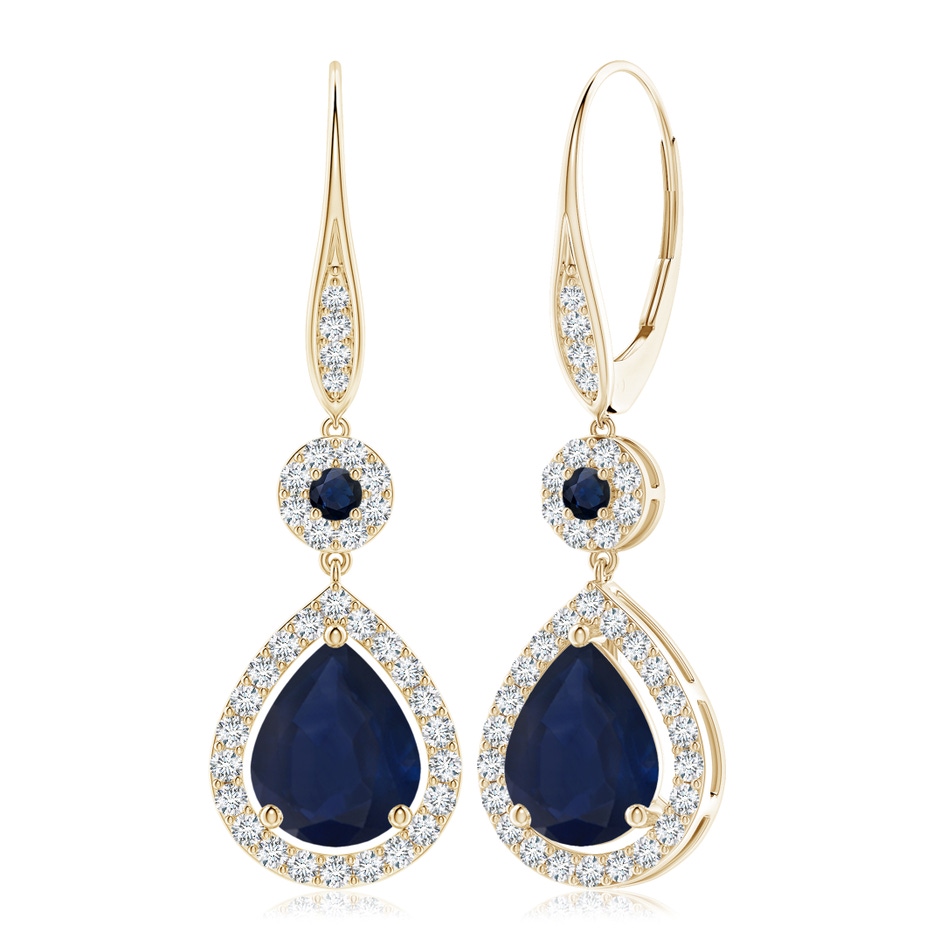 10x8mm A Round and Pear Sapphire Halo Leverback Earrings in Yellow Gold 