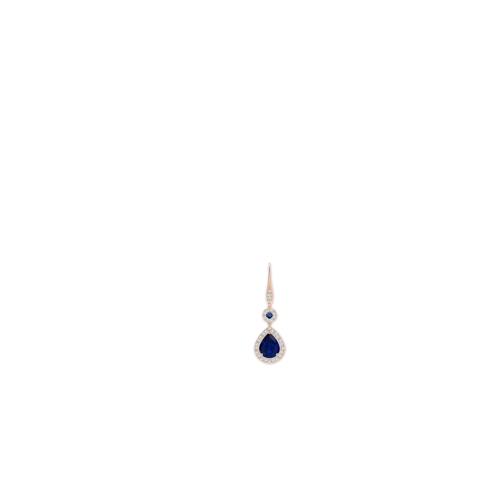 10x8mm AA Round and Pear Sapphire Halo Leverback Earrings in 18K Rose Gold ear
