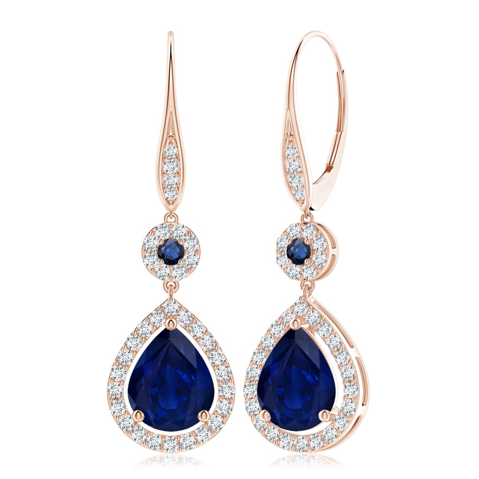 10x8mm AA Round and Pear Sapphire Halo Leverback Earrings in Rose Gold 