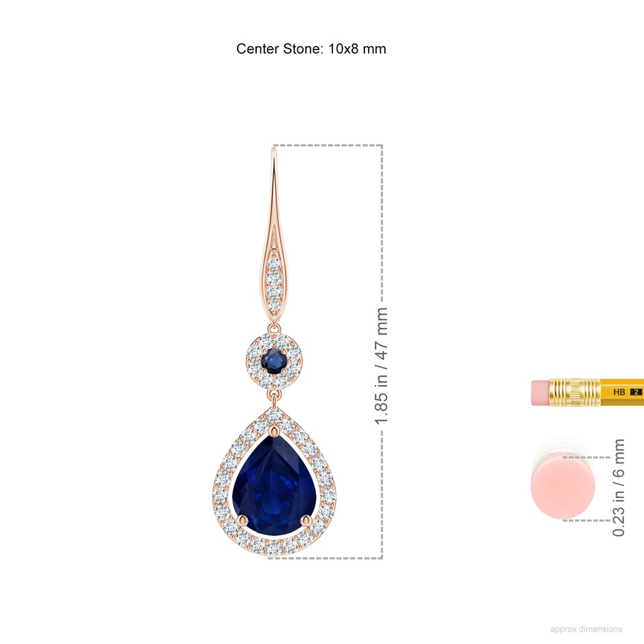 10x8mm AA Round and Pear Sapphire Halo Leverback Earrings in Rose Gold ruler