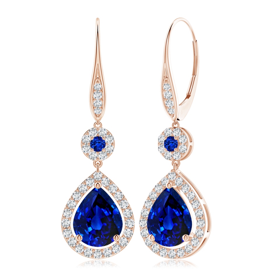 10x8mm AAAA Round and Pear Sapphire Halo Leverback Earrings in Rose Gold 