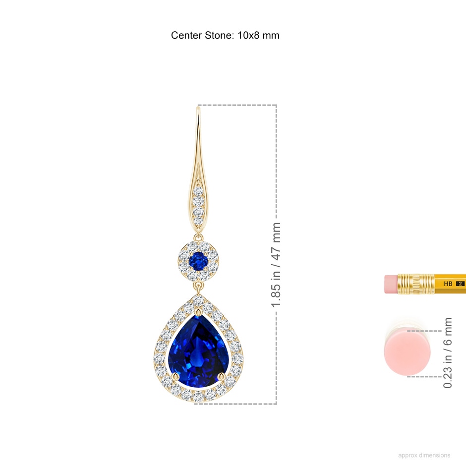 10x8mm Lab-Grown Round and Pear Sapphire Halo Leverback Earrings in Yellow Gold ruler