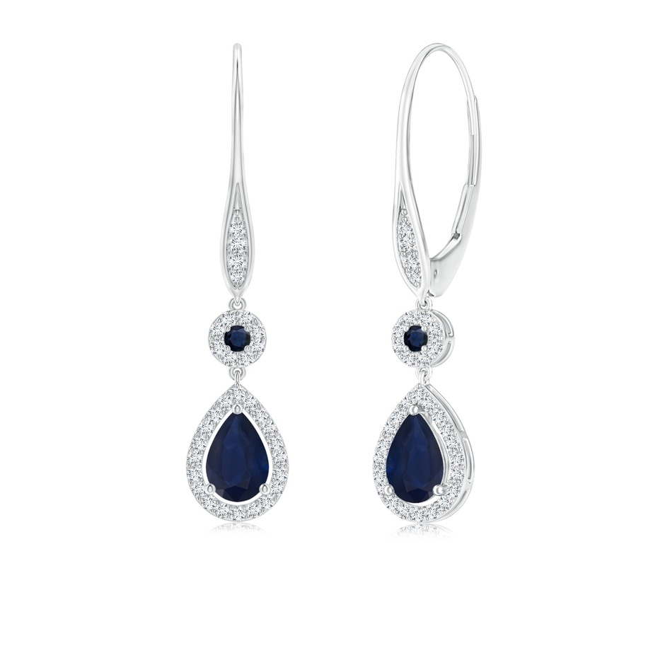 6x4mm A Round and Pear Sapphire Halo Leverback Earrings in White Gold 
