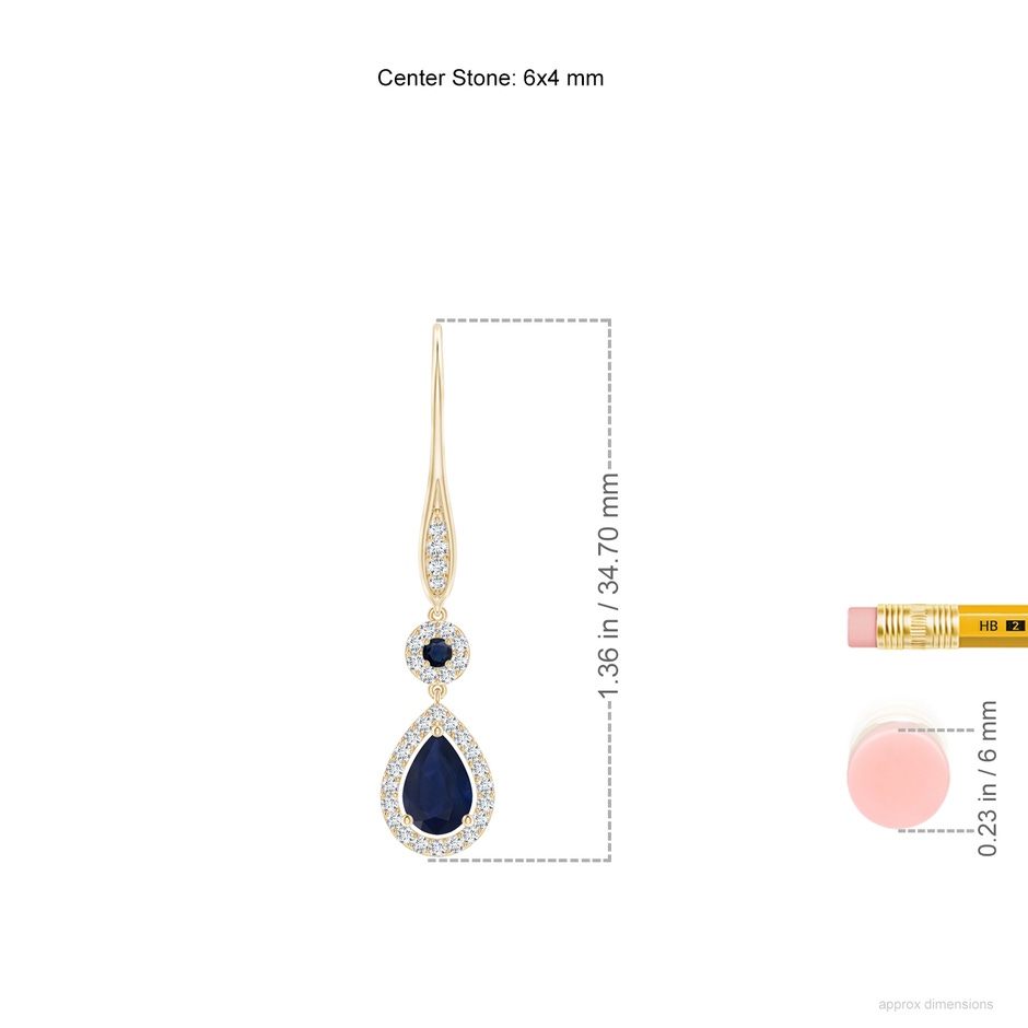 6x4mm A Round and Pear Sapphire Halo Leverback Earrings in Yellow Gold ruler