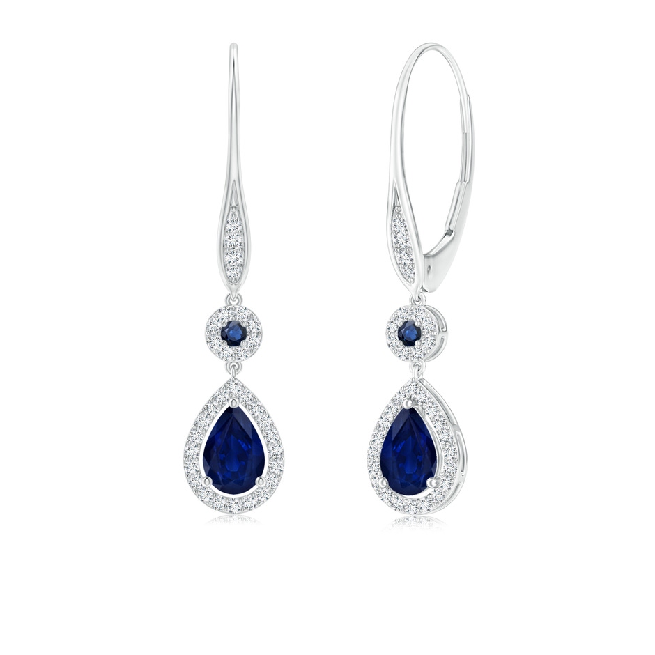 6x4mm AA Round and Pear Sapphire Halo Leverback Earrings in White Gold 