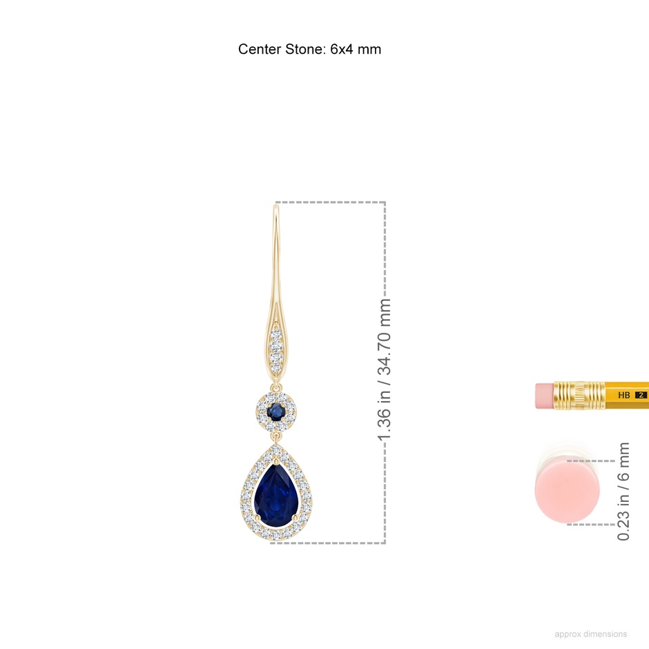 6x4mm AA Round and Pear Sapphire Halo Leverback Earrings in Yellow Gold ruler