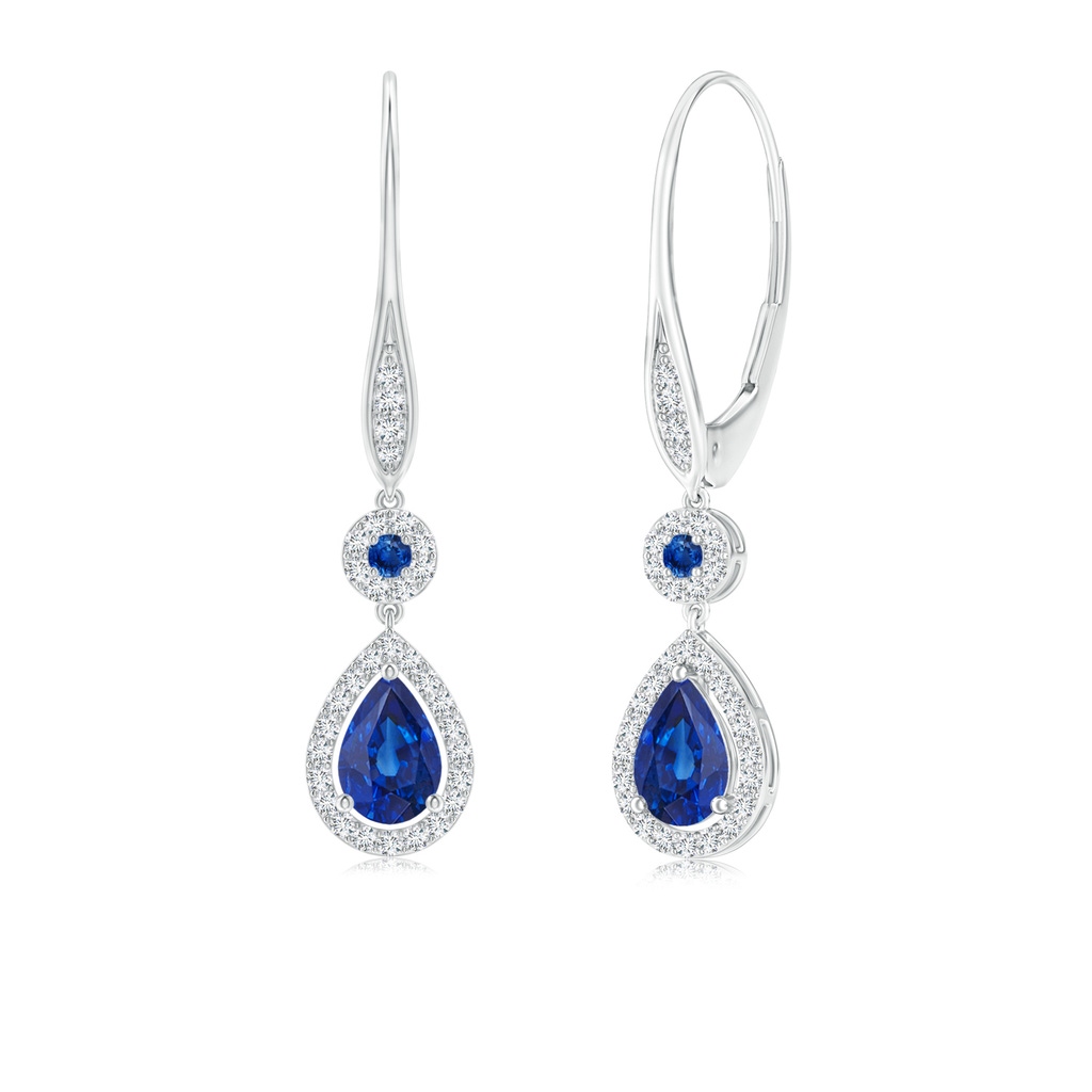 6x4mm AAA Round and Pear Sapphire Halo Leverback Earrings in White Gold