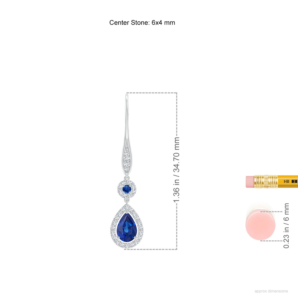 6x4mm AAA Round and Pear Sapphire Halo Leverback Earrings in White Gold ruler