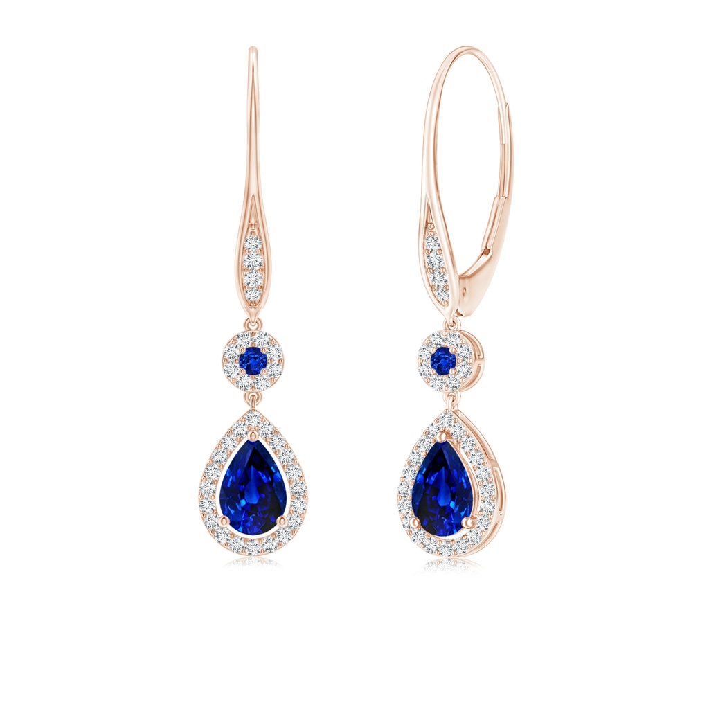 6x4mm AAAA Round and Pear Sapphire Halo Leverback Earrings in Rose Gold