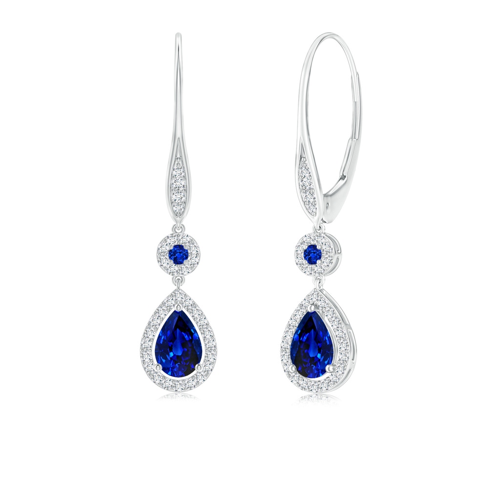6x4mm AAAA Round and Pear Sapphire Halo Leverback Earrings in White Gold