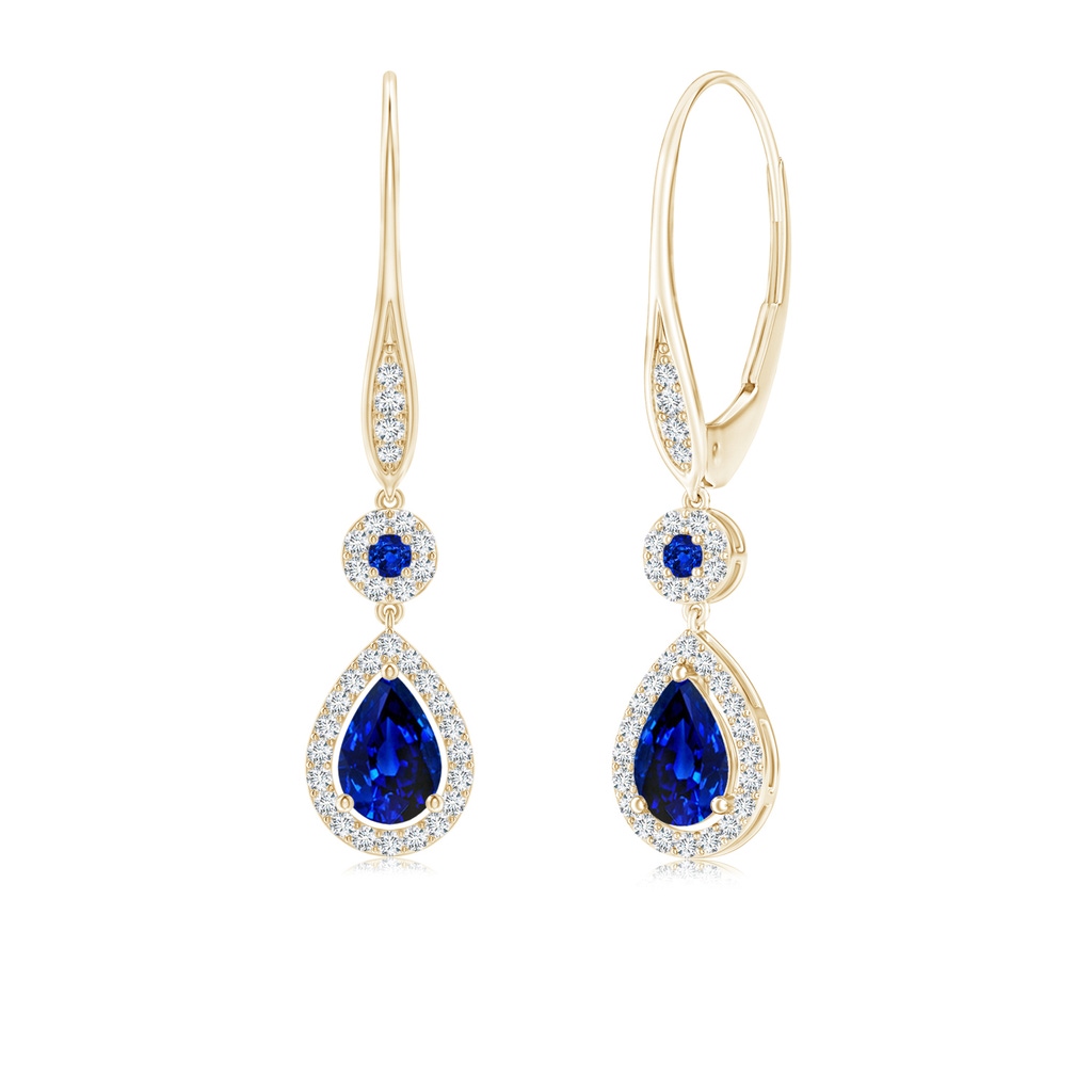 6x4mm AAAA Round and Pear Sapphire Halo Leverback Earrings in Yellow Gold