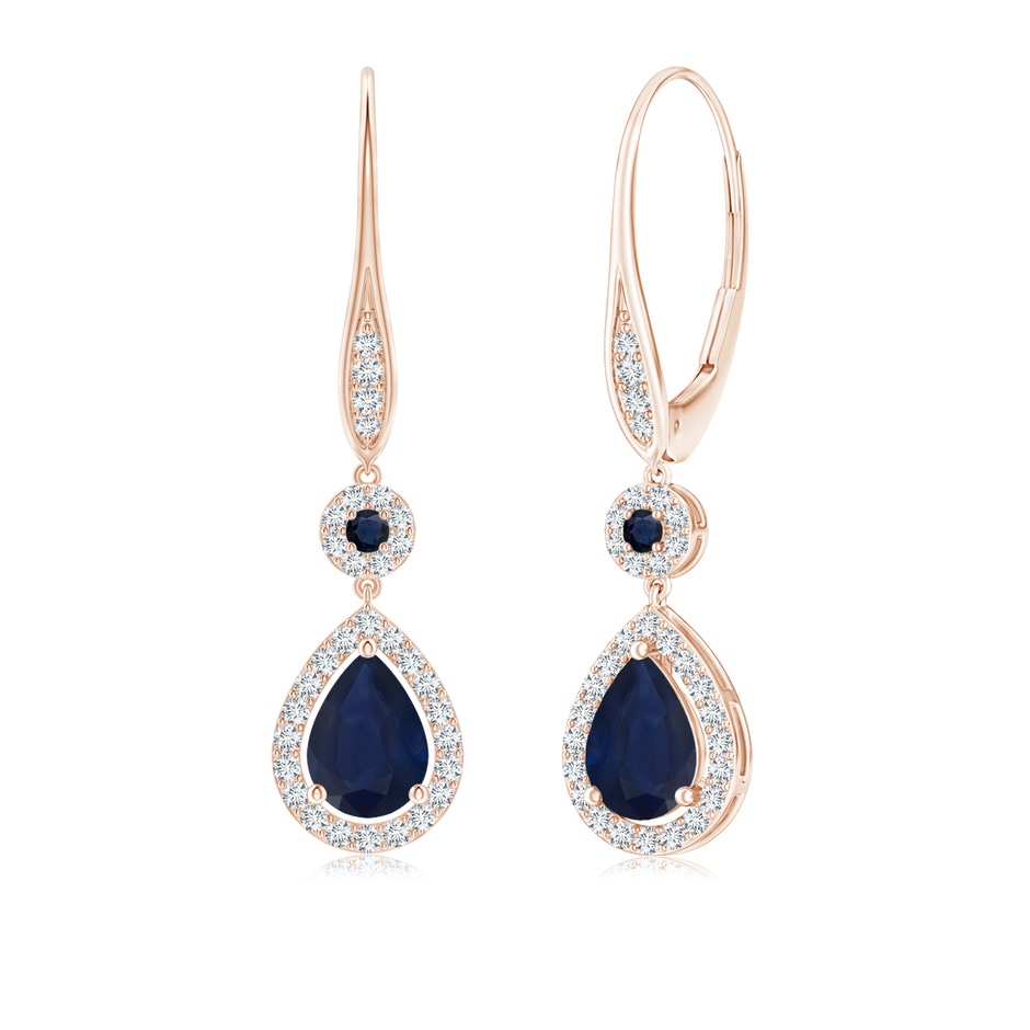 7x5mm A Round and Pear Sapphire Halo Leverback Earrings in Rose Gold 