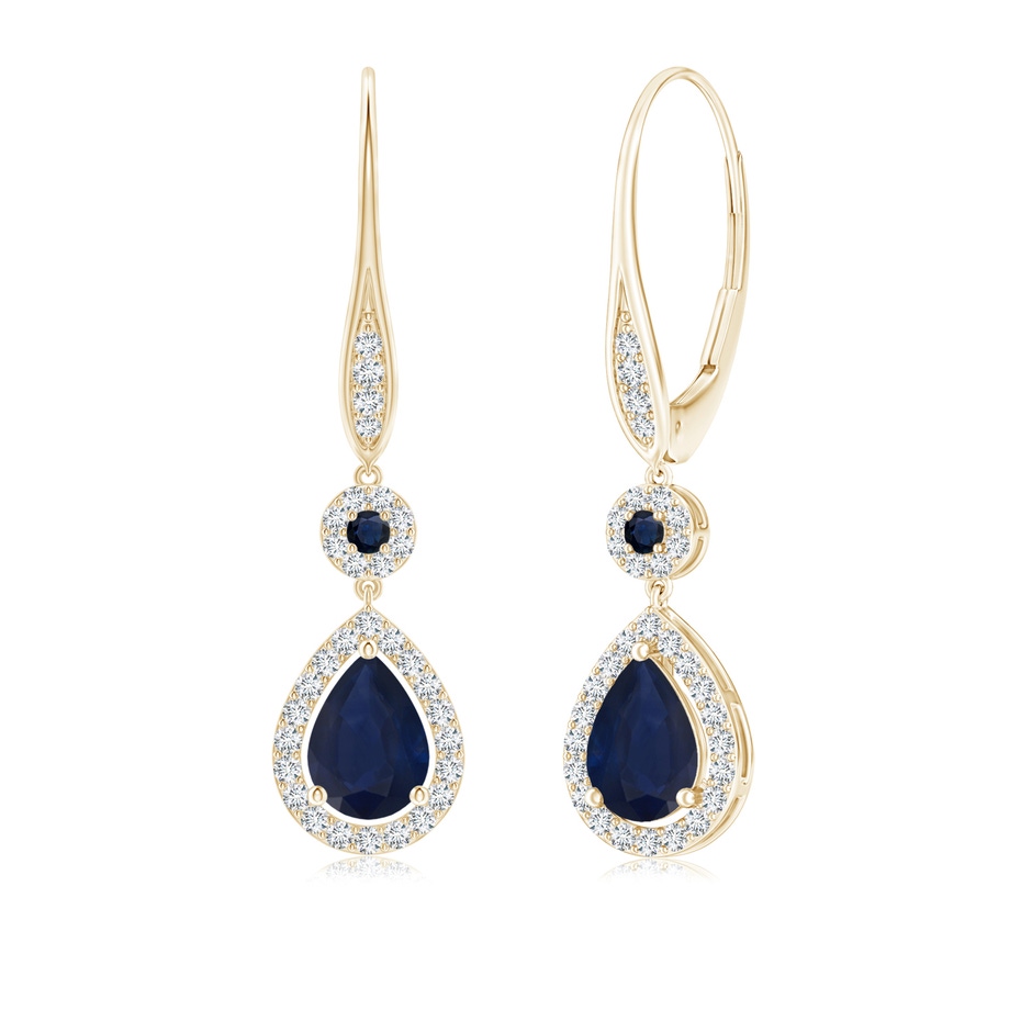 7x5mm A Round and Pear Sapphire Halo Leverback Earrings in Yellow Gold 