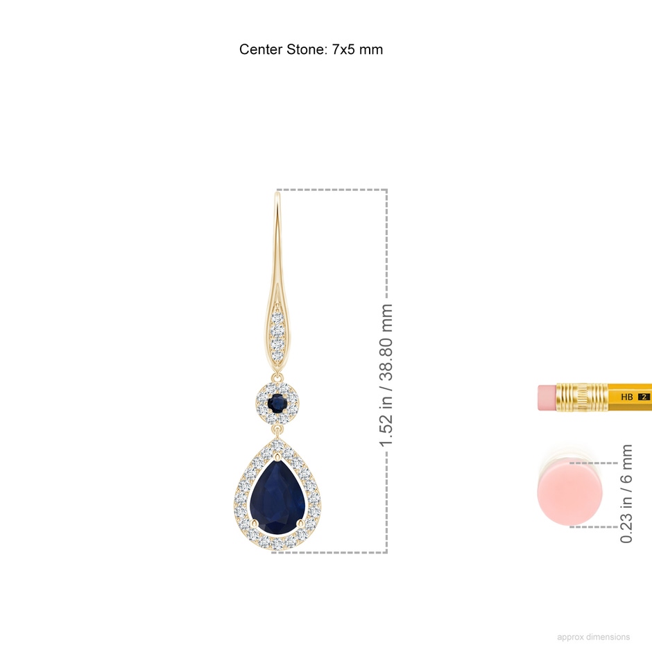 7x5mm A Round and Pear Sapphire Halo Leverback Earrings in Yellow Gold ruler
