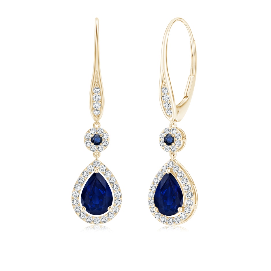 7x5mm AA Round and Pear Sapphire Halo Leverback Earrings in Yellow Gold 