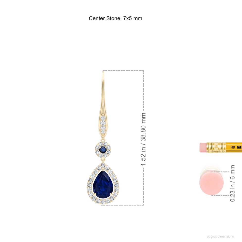 7x5mm AA Round and Pear Sapphire Halo Leverback Earrings in Yellow Gold ruler