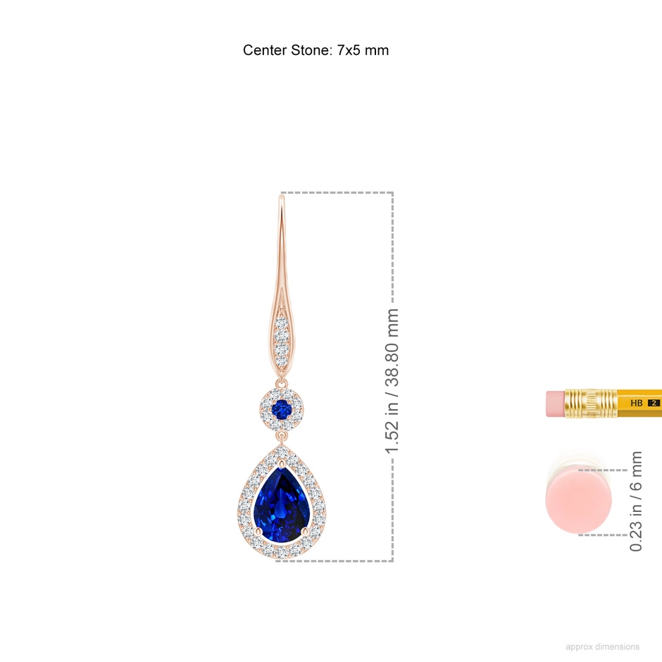 7x5mm AAAA Round and Pear Sapphire Halo Leverback Earrings in 18K Rose Gold ruler